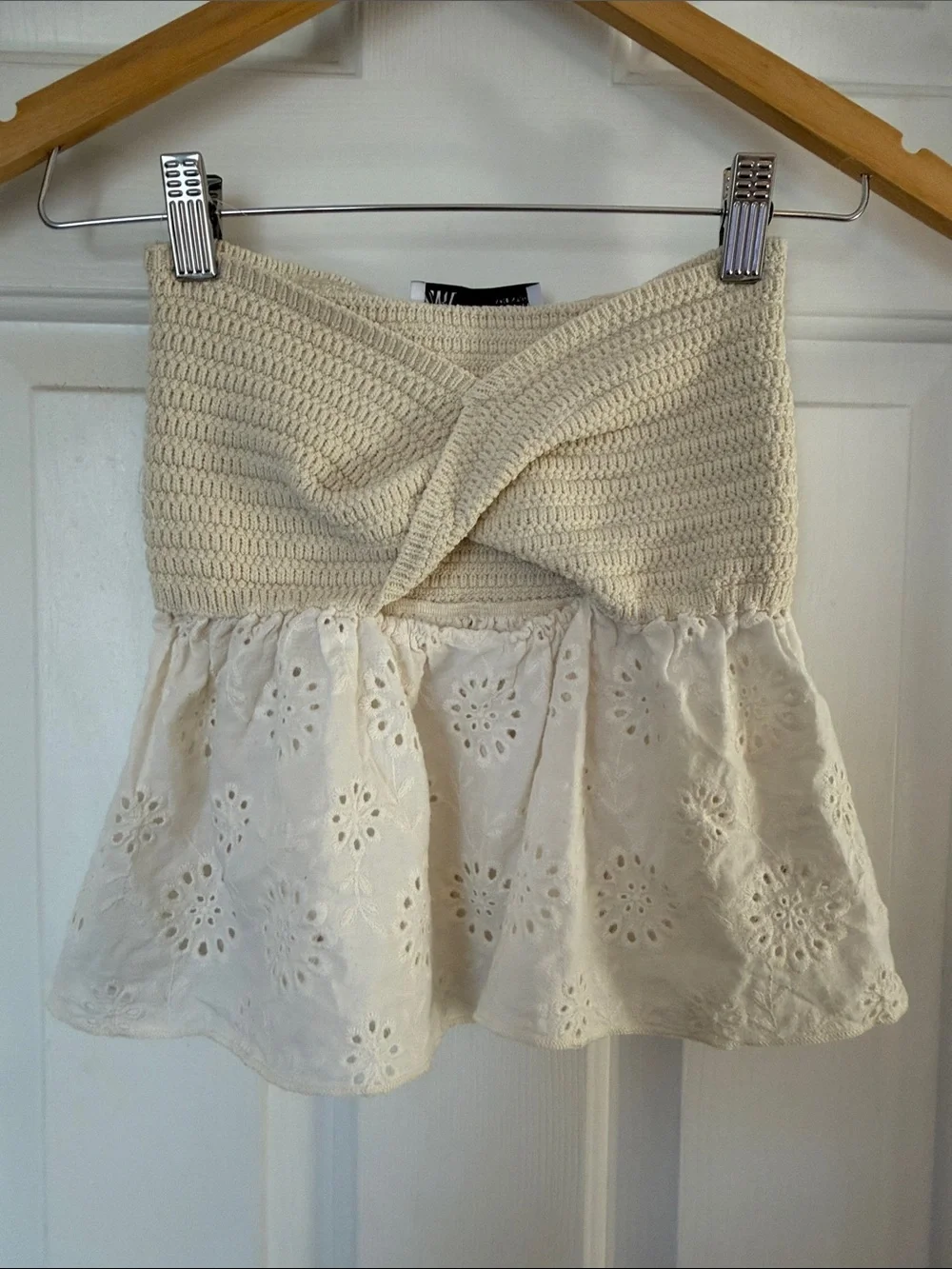 Zara Cream Strapless Eyelet crochet top XS